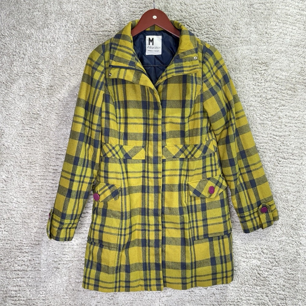 Target Pea Coat Women's Medium Yellow Blue Plaid Pink Buttons Y2K‎ Wool